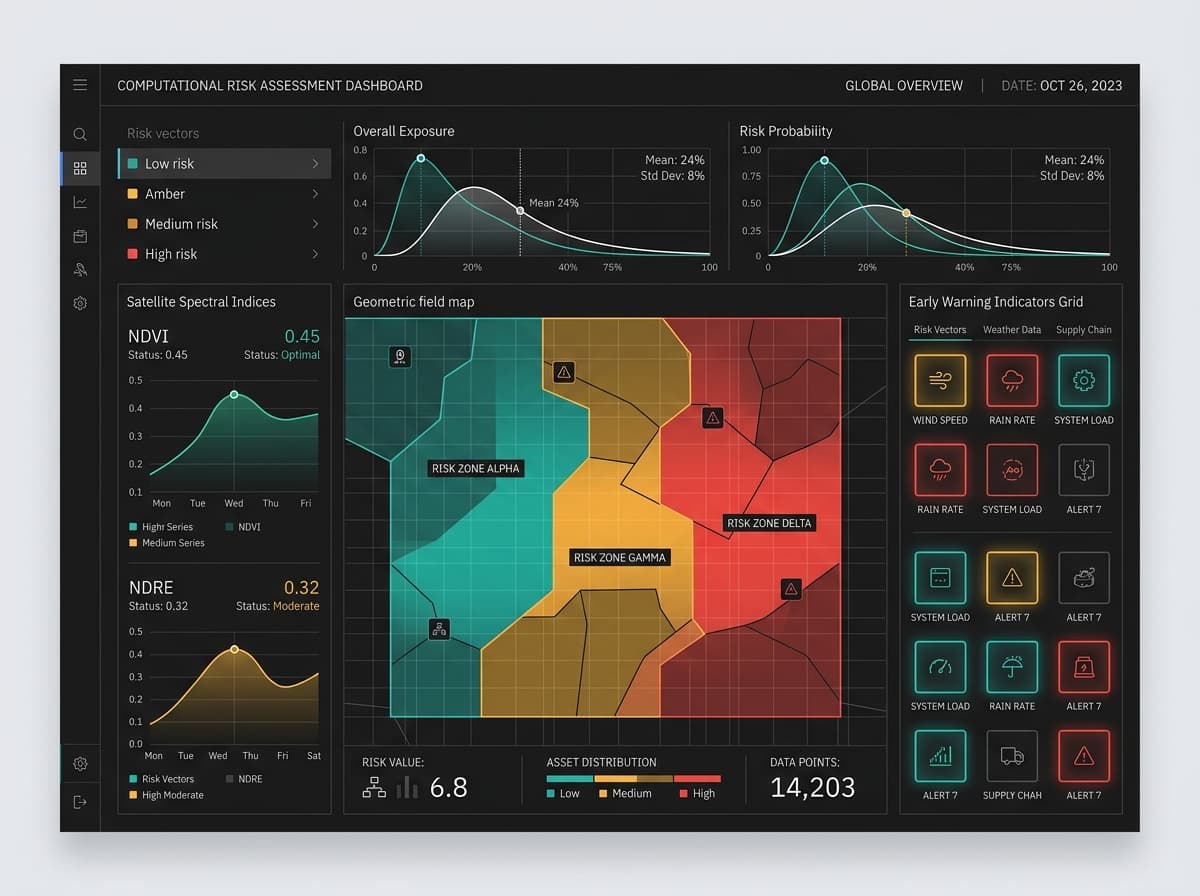Computational risk assessment dashboard with color-coded field parcel risk zones